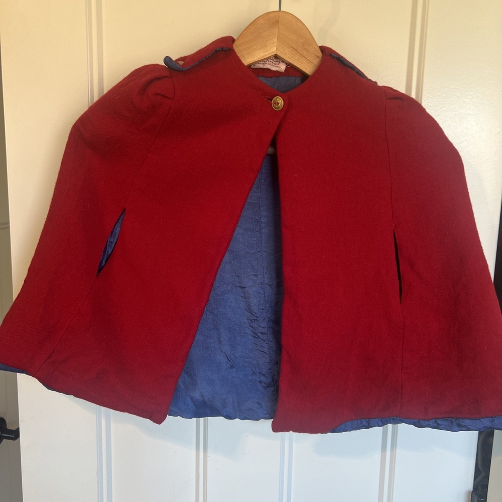 Vtg Strasburg Toddler 100%‎ Merino Wool Red Collar Cape Coat Sz 4 Christmas